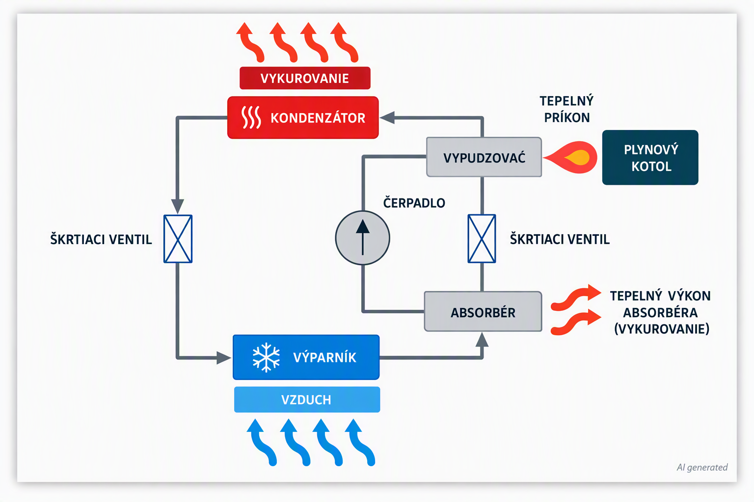 Schéma plynového tepelného čerpadla s absorpčným cyklom zobrazujúca kondenzátor, výparník, absorbér, vypudzovač, čerpadlo a tok tepla z vonkajšieho vzduchu do vykurovacieho systému.